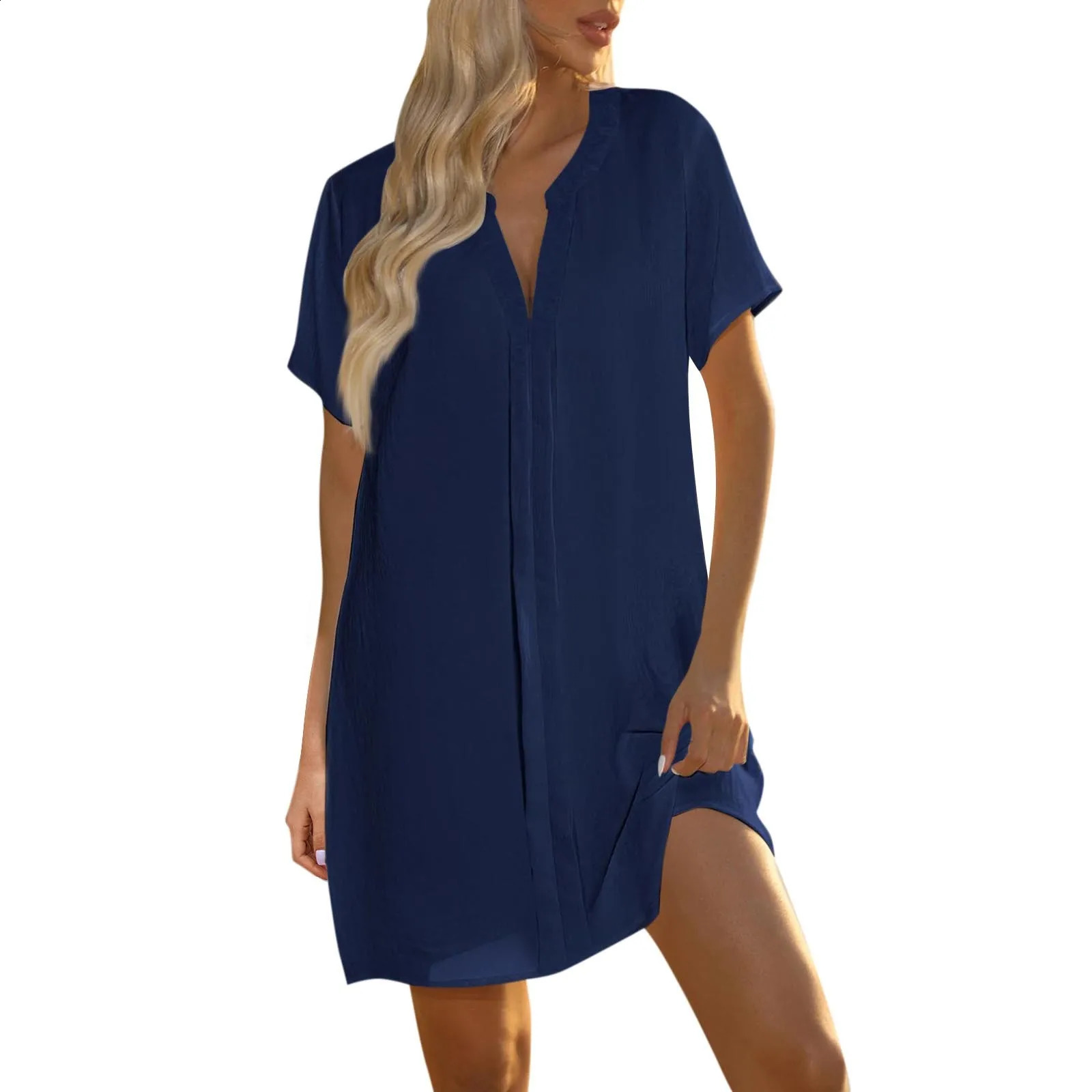 Womens Summer Casual VNeck Solid Color Short Sleeved Shirt Dress Beach Skirt Package Skirts Suits Female Lady Set 250122