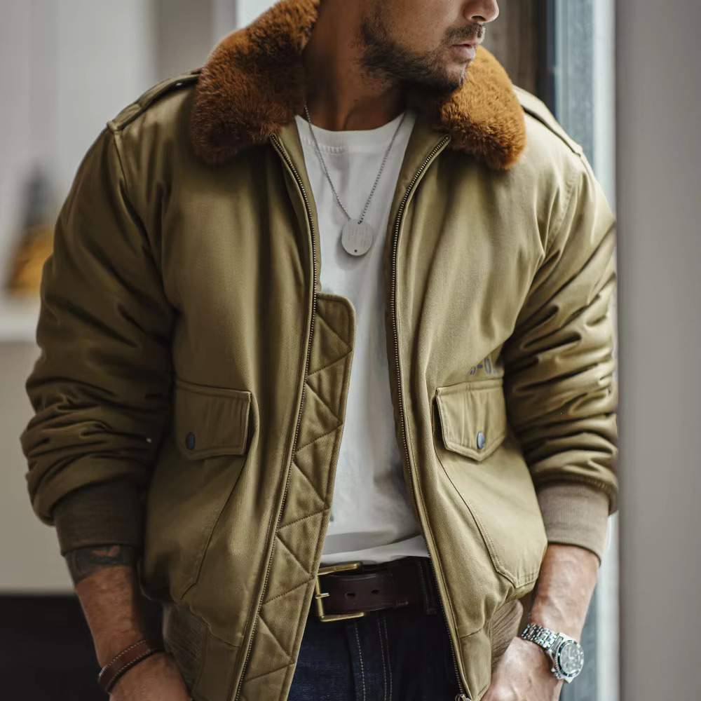 Maden Vintage B10 Bomber Zippered Flight Coat With Fur Collar Lapel Pockets Green Cotton Jacket For Men's Winter