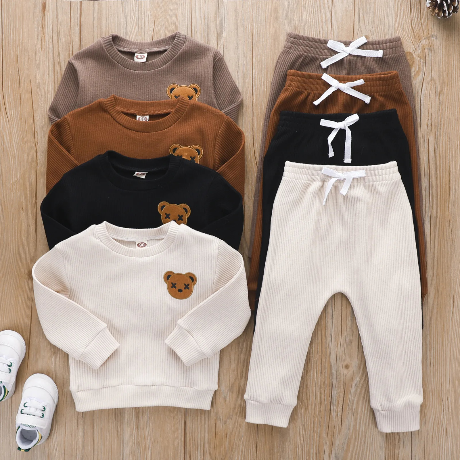 Spring Autumn Kids Baby Boys 2PCS Clothes Ribbed Long Sleeve Bear Pullovers Drawstring Pants Suit Toddler Outfits 250117