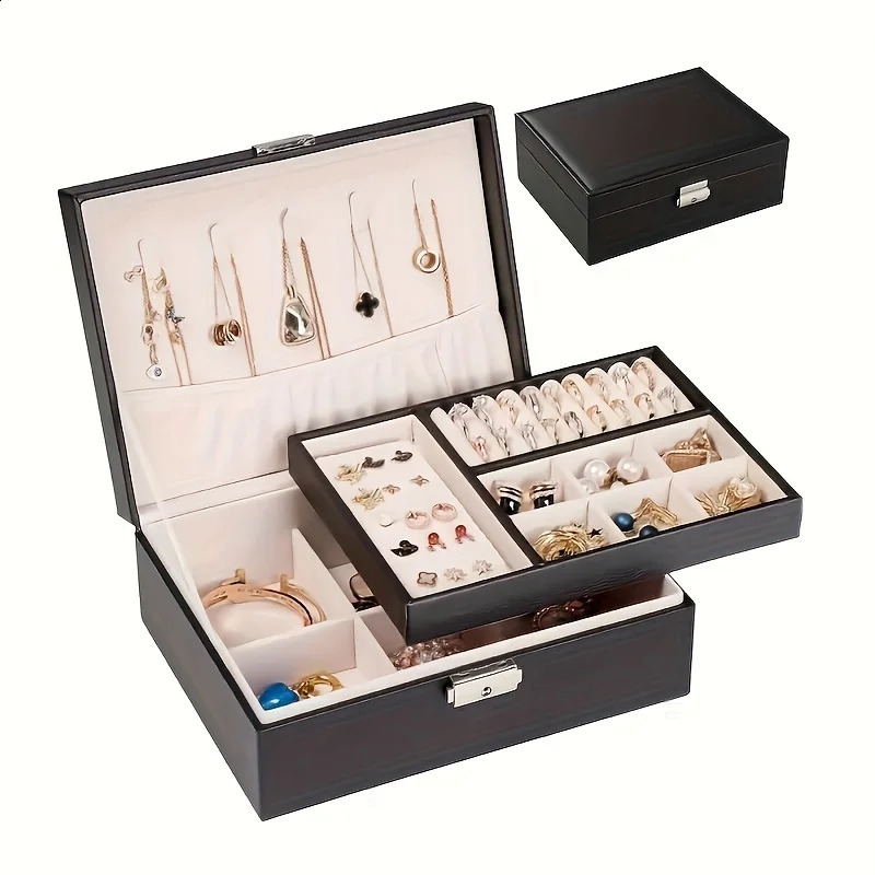 1pc Simple Double-layer Jewelry Storage Box For Ring Necklace Storage With Lock Decoration 250117