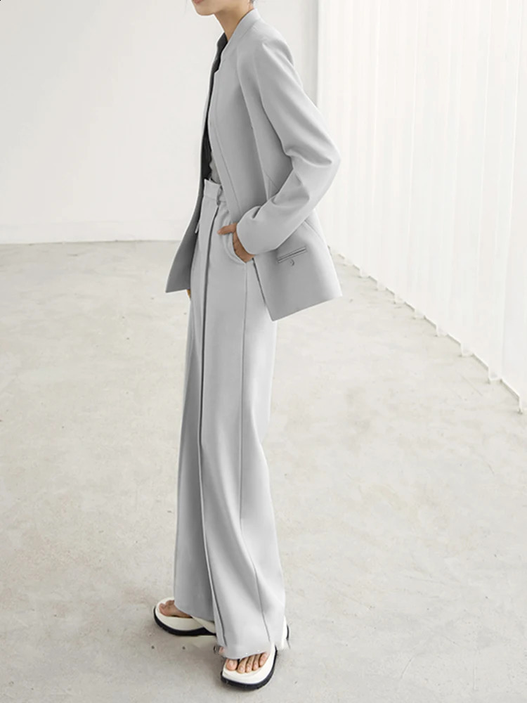 LANMREM Elegant 2 Piece Set For Women Stand Neck Zipper Cardigan Blazers High Waist Straight Pants 2025 Autumn CP3009 250114