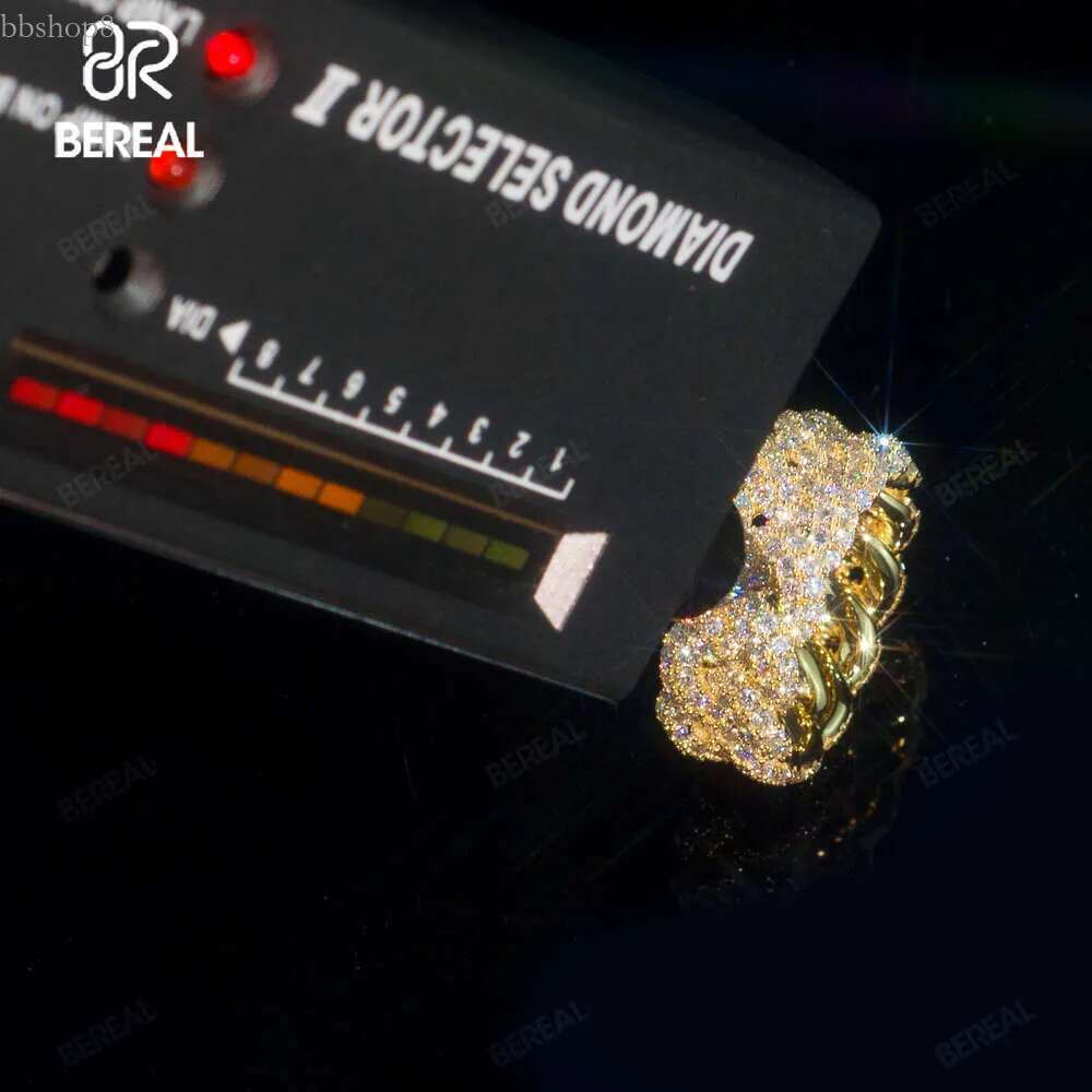 Pass Tester Cuban Chain Style 14K Solid Gold Moissanite Hip Hop Ring Iced Out Round Brilliant Cut Vvs Dia Band