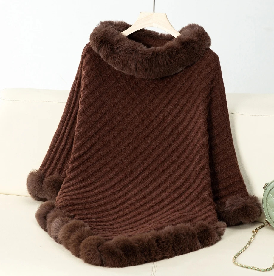 Fashion Cape Coat Women Autumn Winter Plaid Stripes Faux Fur Pullover Knit Loose Comfort Cloak Wraps Party Shawl Coat 250121