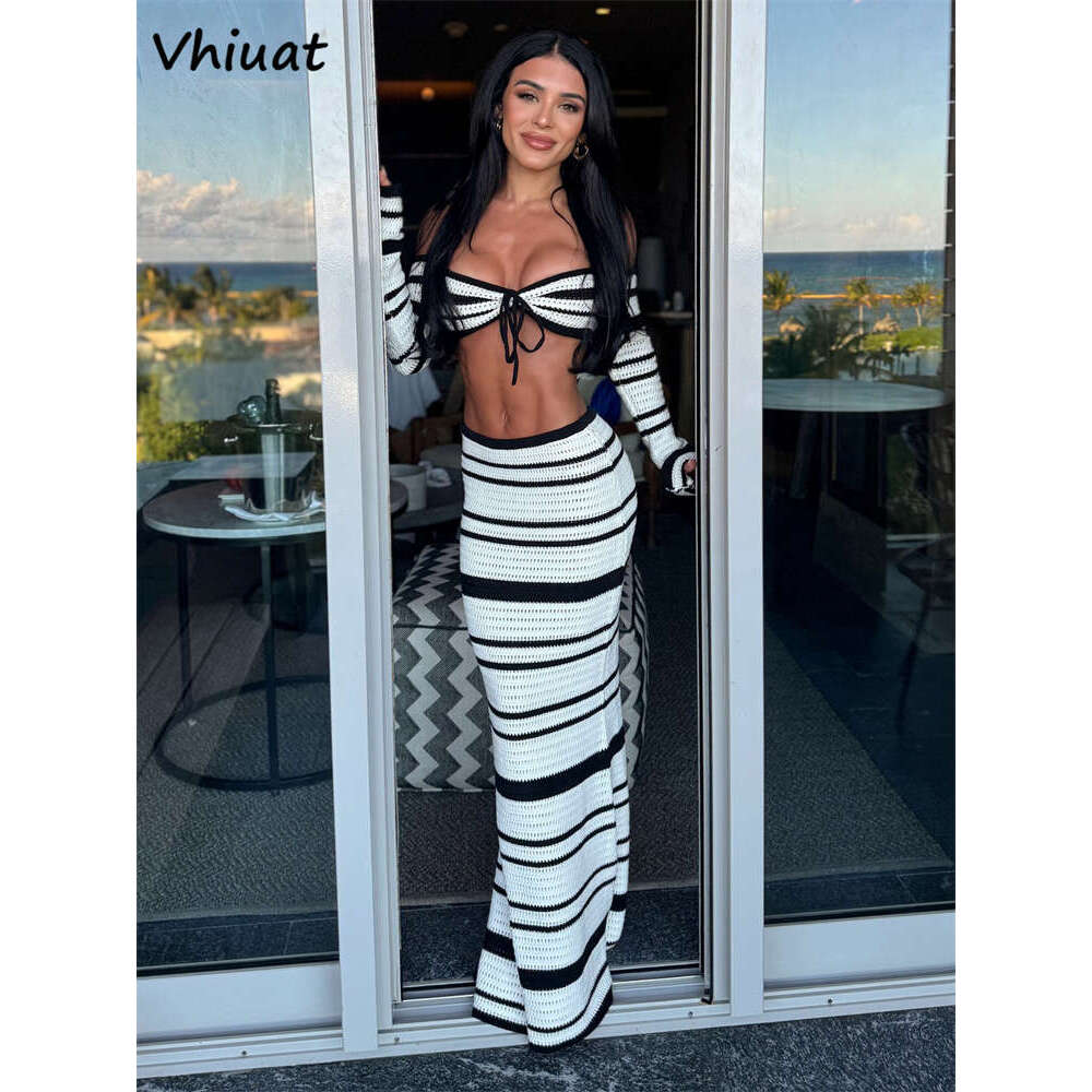 Vhiuat Summer Sleeve Tops Long Skirt Suit Women Knitted Beach Party 2 Piece Dress Set Elegant Matching Sets Outfits 2025