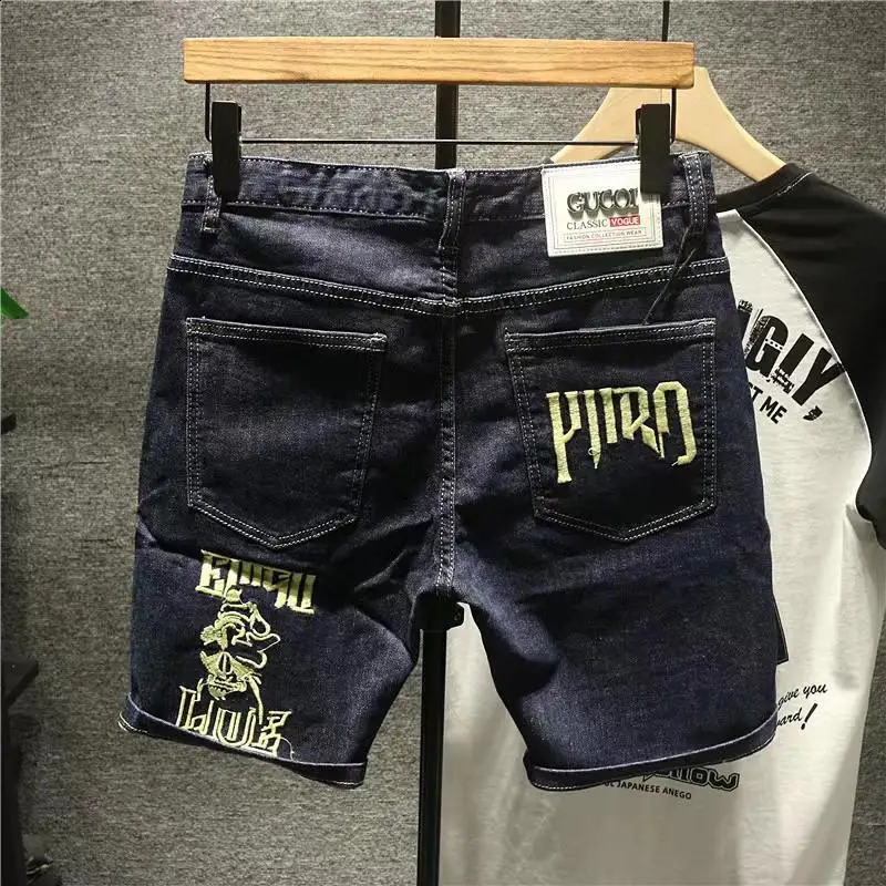 Summer Casual Denim Shorts for Men Knee Length Jeans Embroidery Trendy Slim Pants Korean Style Black Short 250121