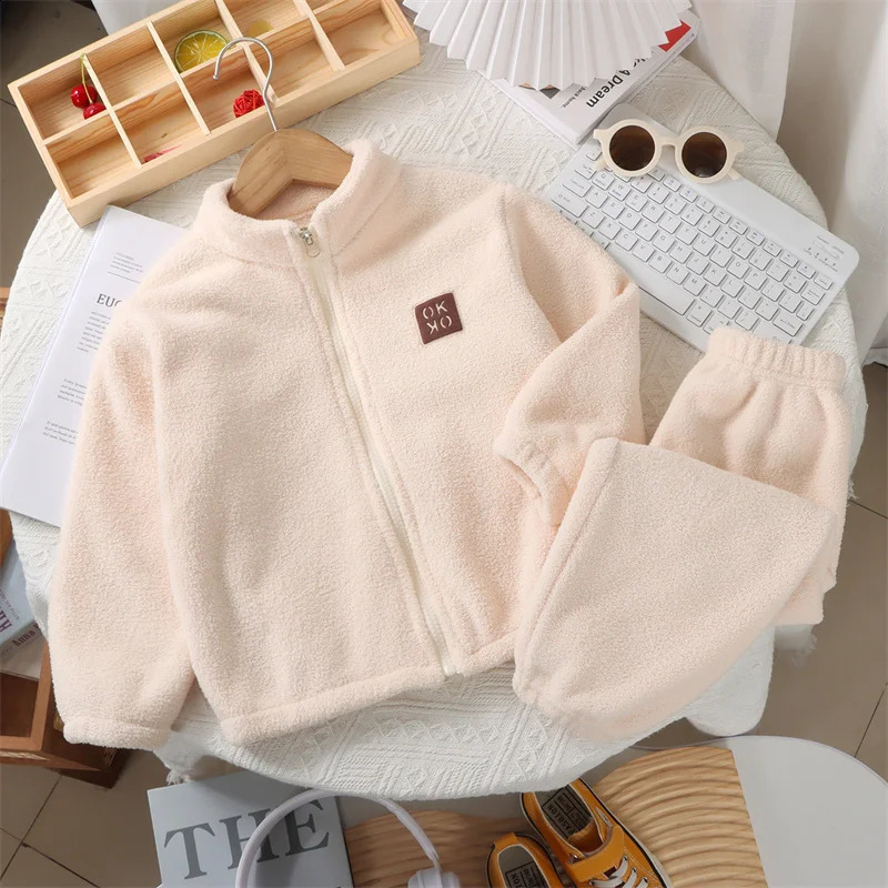 Plush Sets Children Autumn Winter Warm Fleece Suits Baby Thickened Cardigan TopPants 2Pcs Outfits Boys Girls Homewear Clothing 250113