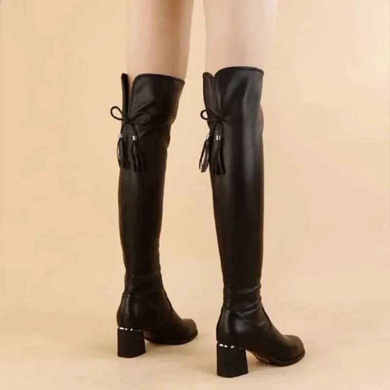 Women Leather Elastic Boots Ladies Plush Long Boot Autumn Winter Thick Heels Over The Knee Slip on Black Knight Botas 250117
