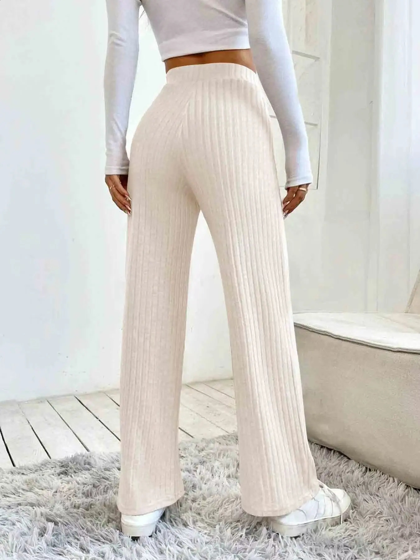 Womens Elegant Ribbed Knit Straight Pants Soft and stretchy perfect for spring autumn 250122