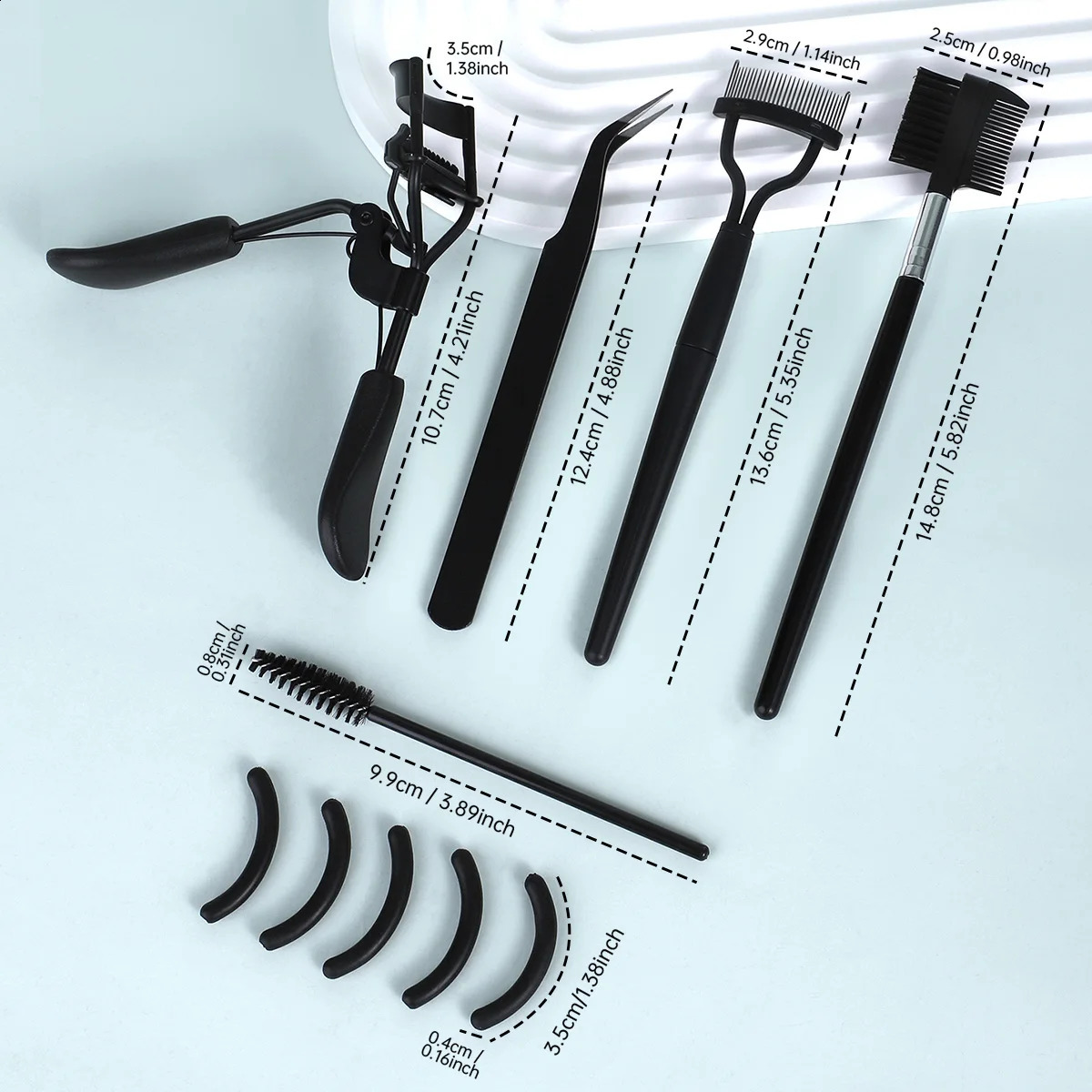 eyelash with 5 silicone pads 1 double ended eyebrow and comb steel tweezers 3 spiral combs 250115