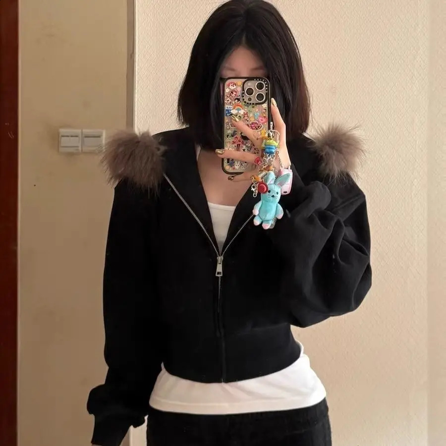 Black Fur Collar Zipper Hooded Sweatshirt Fashion High Street Trendy Zipper Hooded Sweatshirt Korean Style Zip Hooded Sweatshirt 250109