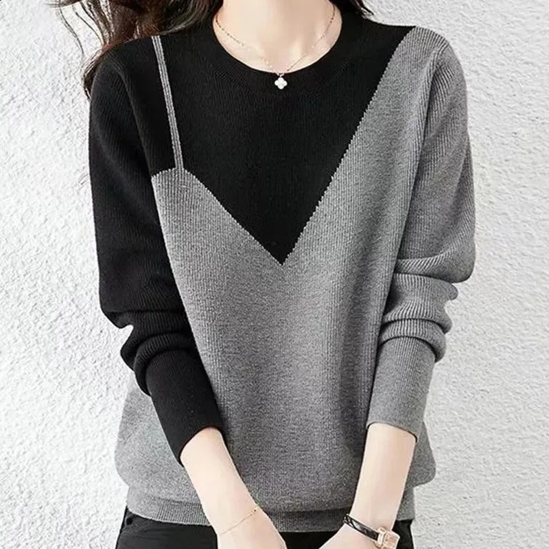Contrasting Colors Long Sleeved Female Sweater Round Neck Lady Knitting Tops Fashion Loose Fitting Pullovers Women Knitwear 250114