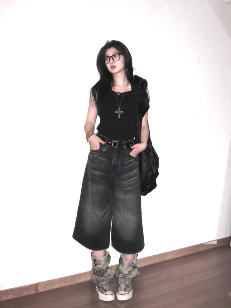 Retro Y2k Baggy Jorts Women Men Whiskers Black Jeans Low Waist Casual Wide Pants Frayed Denim Shorts 250122