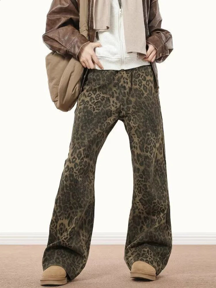 Y2k Animal Leopard Print Baggy Jeans Men Streetwear Vintage Wide Leg Flared Denim Pants Hip Hop Techwear Straight Long Trousers 250120