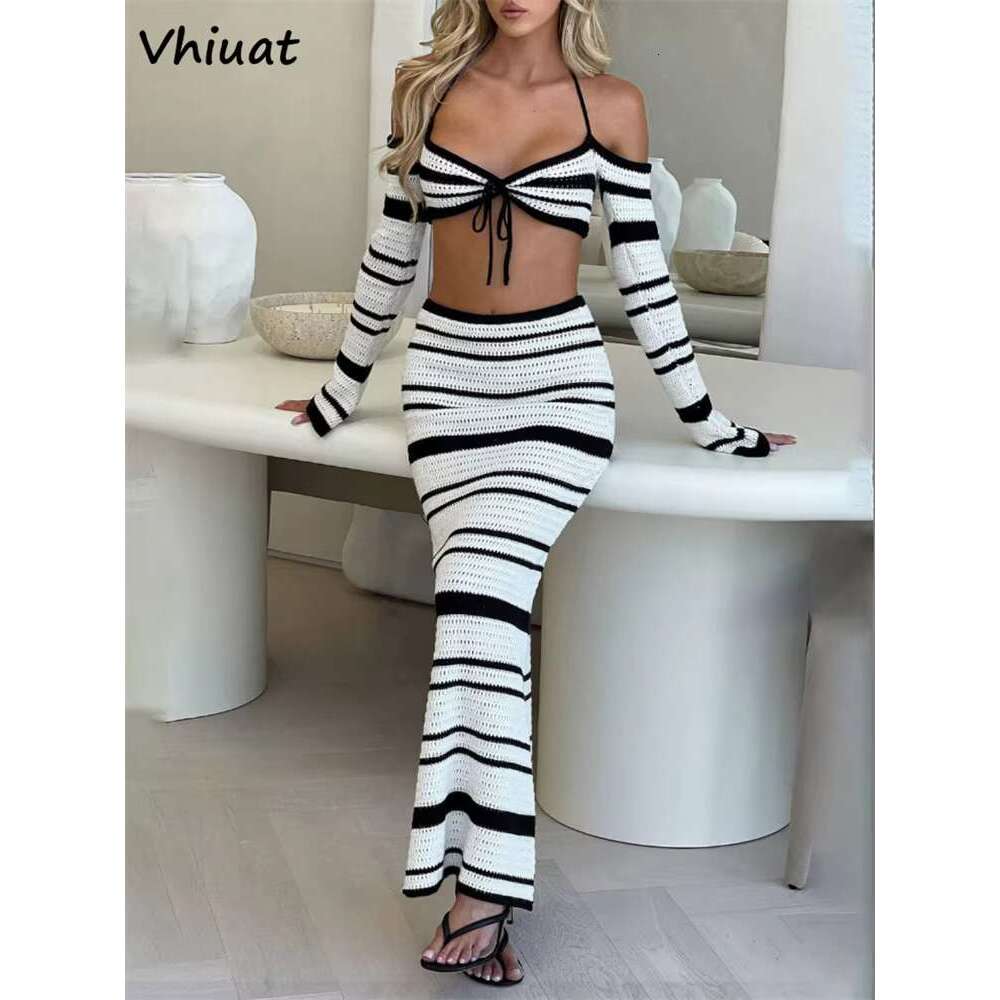 Vhiuat Summer Sleeve Tops Long Skirt Suit Women Knitted Beach Party 2 Piece Dress Set Elegant Matching Sets Outfits 2025