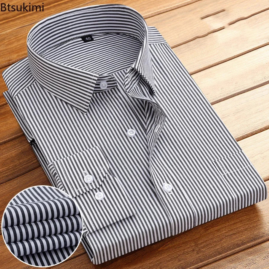 2025 Mens Long Sleeve Cotton Shirt Striped n Spring Autumn Business Formal Dress Shirts for Men Party Wedding Male 250122