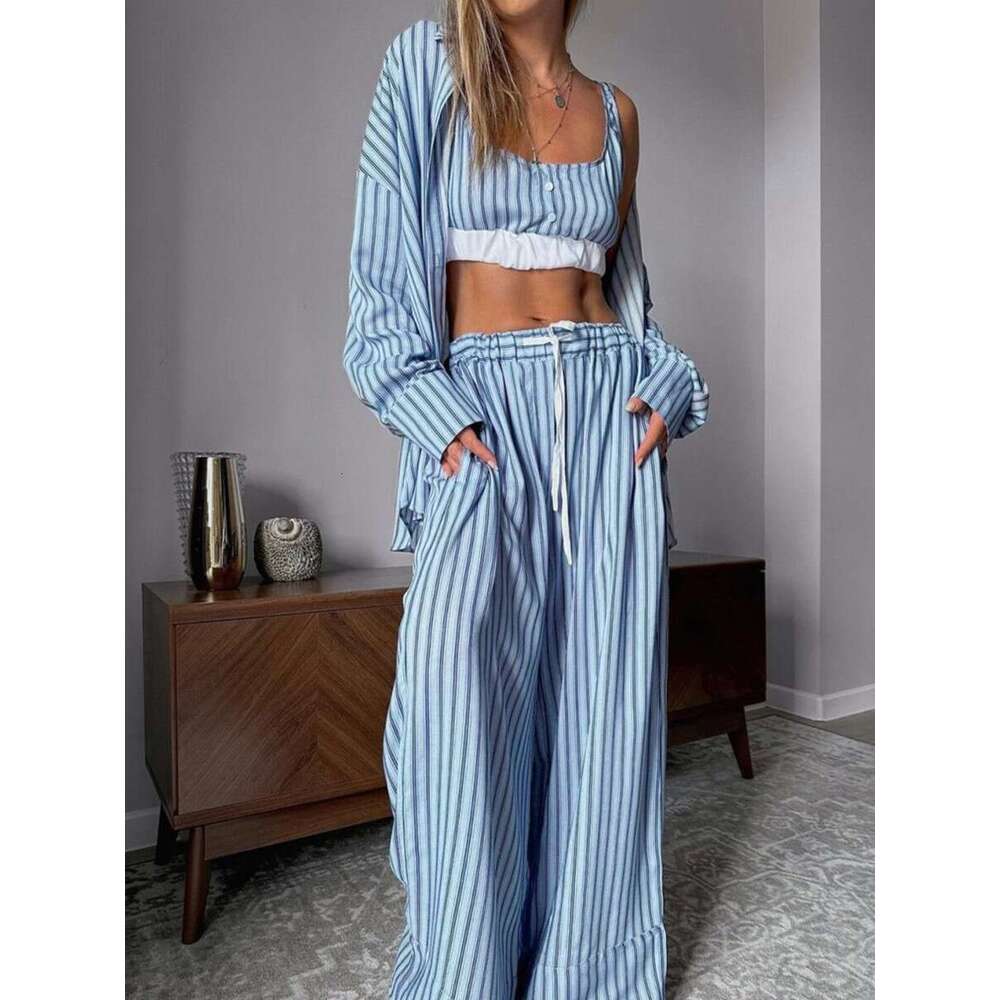Spring New Blue Striped 2 Piece Set Women Long Sleeve Blouse+Buttons Bra+Elastic Waist Trouser Suits Home Casual Pamas 2025