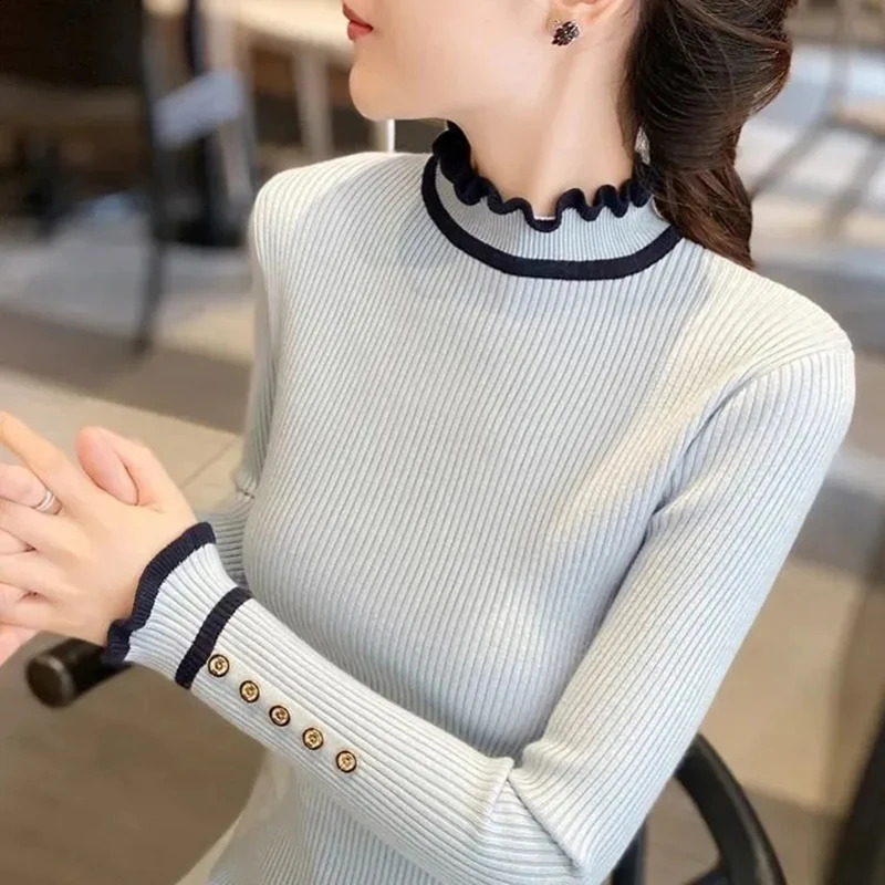 Solid Sweater Women Patchwork Knitted Pullovers Korean Slim Knitwear Autumn Winter Basic Half Turtleneck All Match Jumper Tops 250121