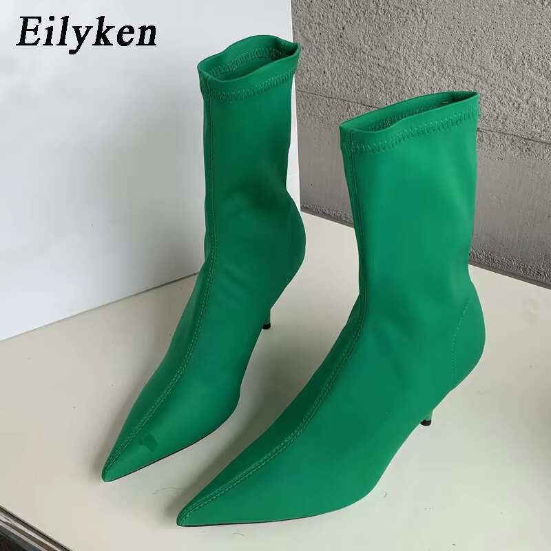 Eilyken 2025 New Spring Autumn Stretch Fabric Women Ankle Boots Sexy Pointed Toe High Heels Fashion Female Socks Pumps Shoes