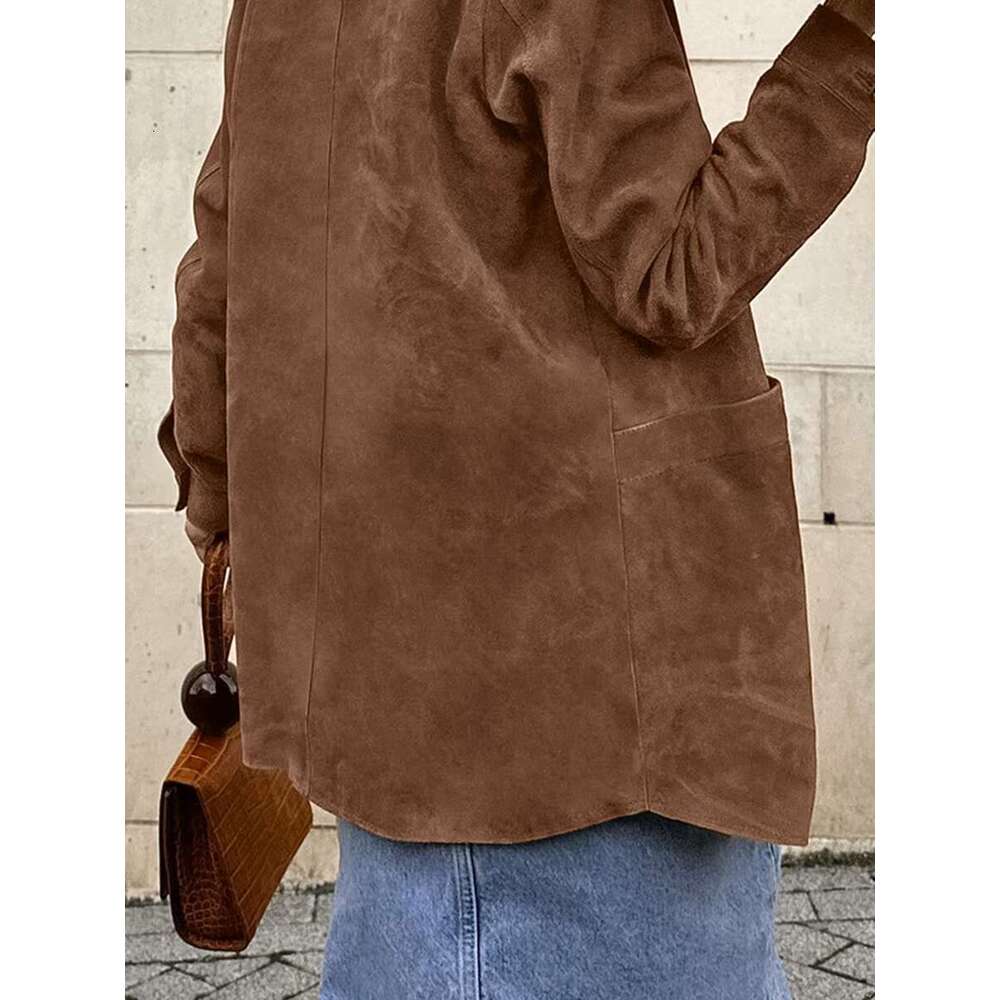 Autumn New Vintage Solid Suede Coat Women 2024 Button Up Long Sleeve Pockets Outerwear Streetwear Fashion Office Lady Jackets
