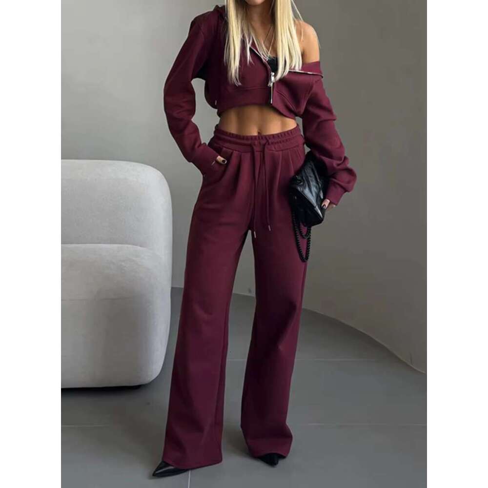 Solid Casual 2 Piece Set Women Long Sleeve Zipper Cropped Hooded Jacket+Drawstring Sweatpant Streetwear Fashion Sport Pants Sets