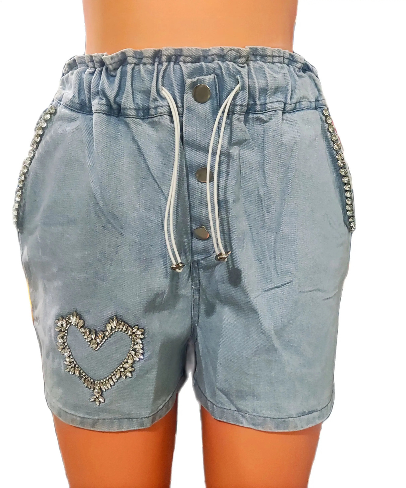 Y2K Summer Casual Fashion Cargo Shorts Temperament Commuting Rhinestone Heart Pattern Drawstring Trending Denim Shorts 250118
