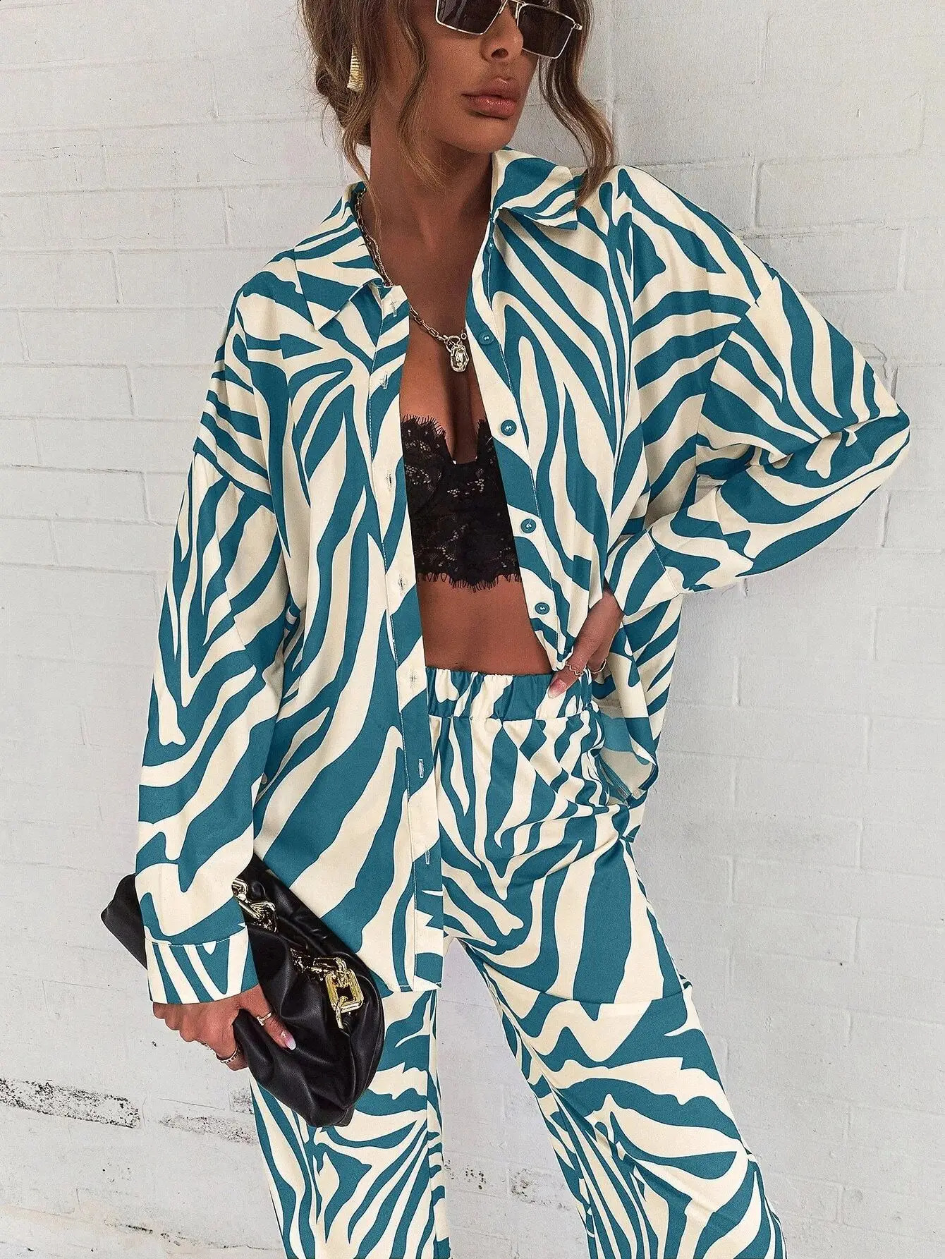 Cross border Edition Street Trendy Print Trouser Set Long Sleeve Full Screen Print Off Shoulder Shirt Set 250118