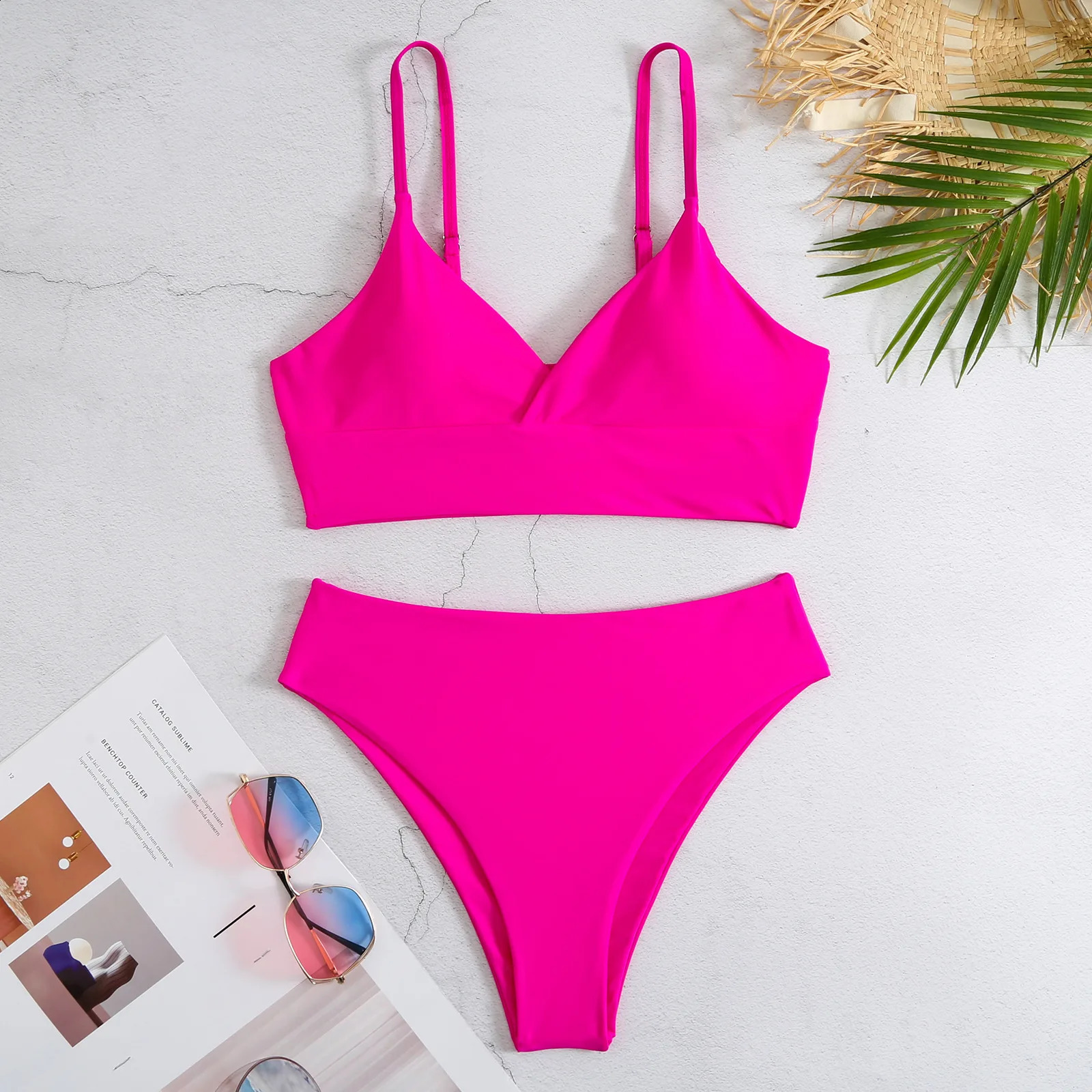 High Waist Bikinis Women Solid Strape Swimsuit Female Padded Swimwear Bathers Bathing Swimming Swim Suit Summer Beachwear 250122