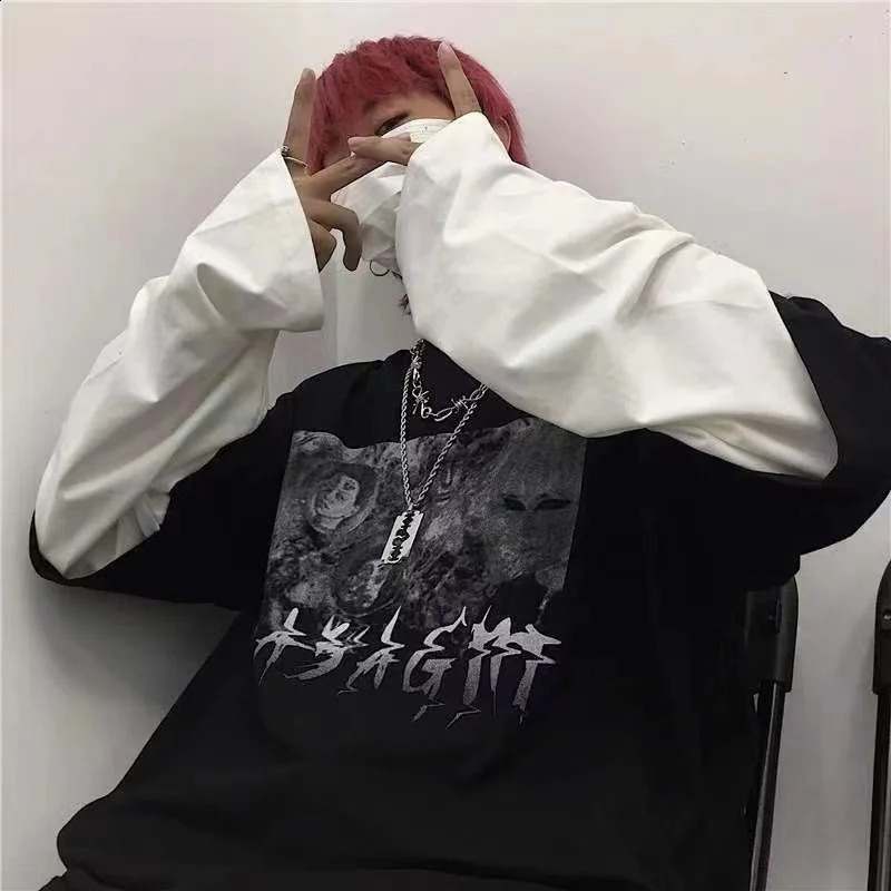 Y2K Emo Men Summer Oversized T-Shirt Korean Harajuku Tshirt Streetwear Dark Academia Hip Hop Alt Long Sleeved T Shirts Clothes 250117