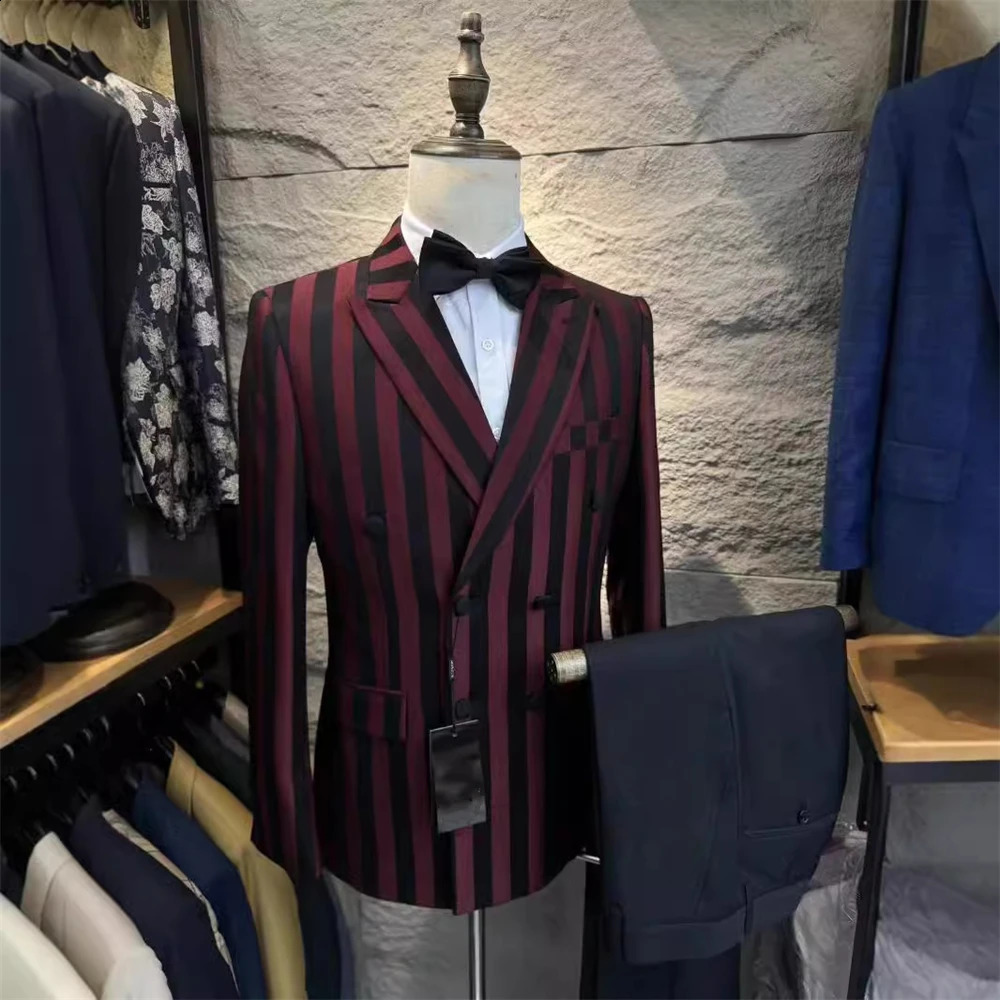Two Pieces Straps Mens Suit Set Double Breasted Blazer and Black Pants Slim Fitting Tuxedo Wedding Party Formal Suits for Men 250121