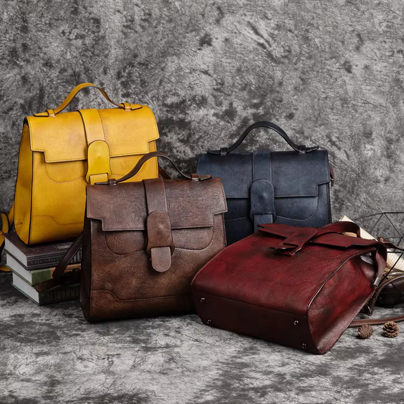 Vintage Women Genuine Backpack Solid Pattern First Layer Cowhide Travel Bags Retro Real Cow Leather Double Shoulder Bag