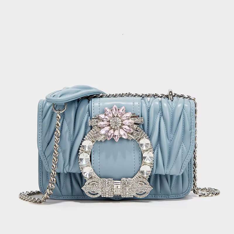 Fashion Pleated Textured Leather Square Women Handbag Lady Purse Crystal Shiny Dias Shoulder Underarm Crossbody Bag