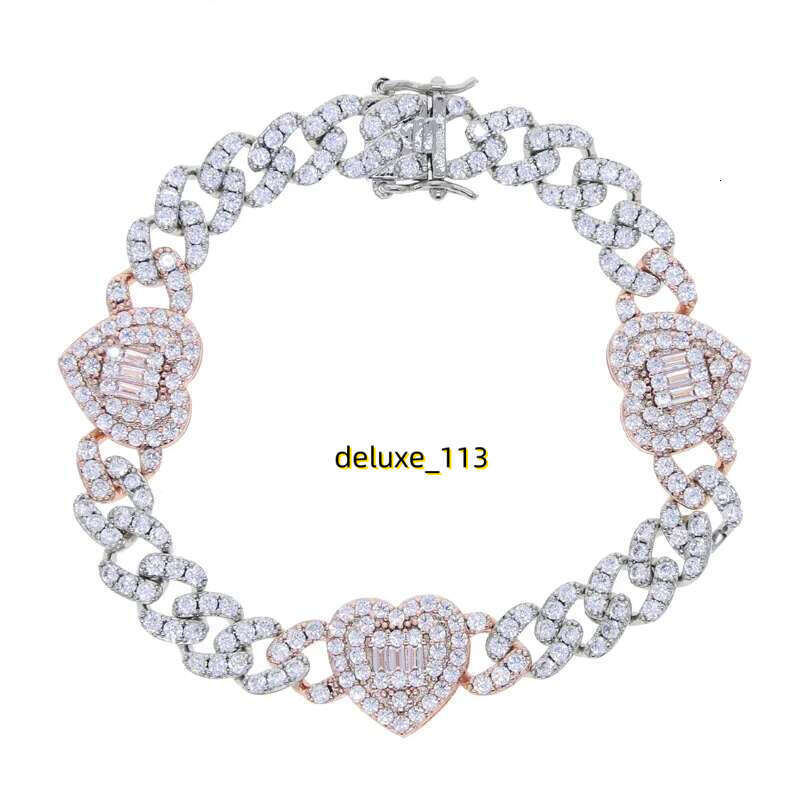 Iced Out Cubic Moissanite Heart Charm Bracelet Cuban Chain Gold Sier Color for Women Men Wedding Hip Hop Fashion Jewelry