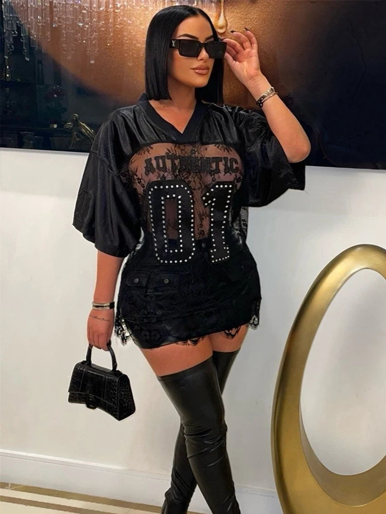 Weird Puss Jacquard Letter Print T-Shirts Women V-Neck See Through Backless Loose Short Sleeve Y2K Sexy Trend Streetwear Tops 250118
