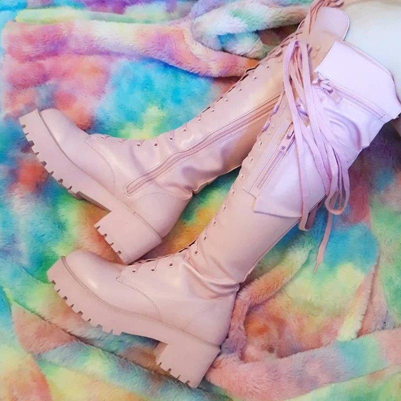 Knee High Boots Women Cool Goth Zipper Design Pocket Lace Up Chunky Heel Quality Shoes Woman Fashion Popualr Big Size 48 250117