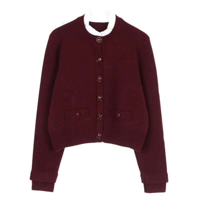 Wine Red Knitted With Contrast Collar 2025 Autumn Short Sweater Coat Women Fashion Bury Cropped Cardigan Thick Tops