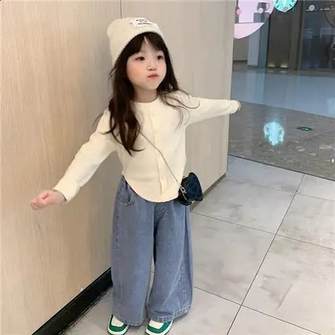 Spring Autumn Girls Suit Korean Style Bottoming Shirt Top Casual Jeans Girls Wide-leg Pants Loungewear 250113