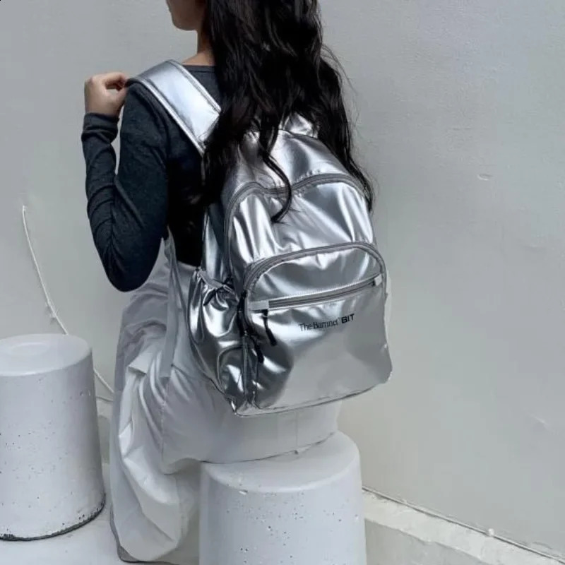 Silver Nylon Large Capacity Commuting Shoulder Backpack Women College Students Travel Schoolbag Waterproof Lightweight Backpacks 250122