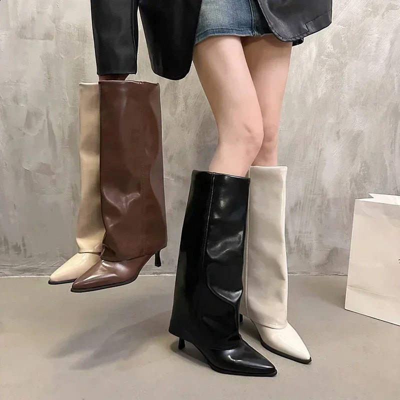 Womens Pointed Toe Knee-high Boots Stiletto Heel Sleeve High Heels Sexy Boots Women Fashion Spring and Autumn Style 250118