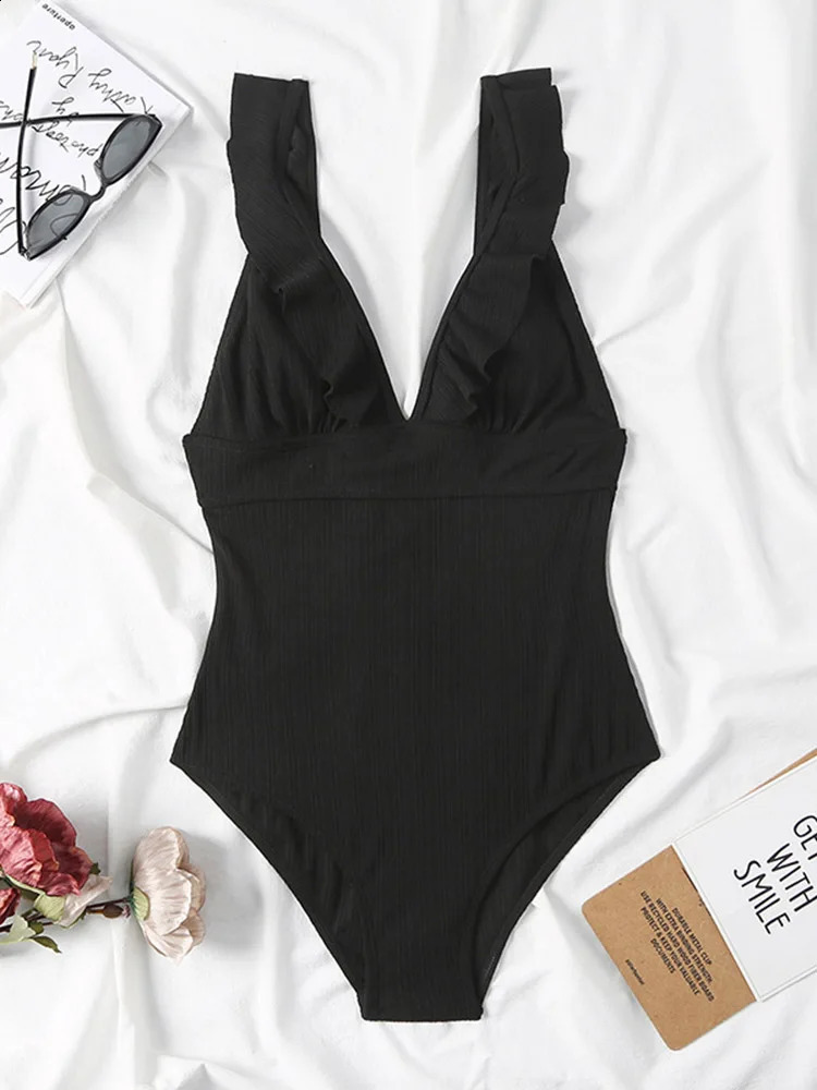 Ruffle Swimsuit One Piece Solid V-neck Backless Swimwear Women Bathing Swimming Swim Suit Female Padded Beach Wear Summer 250117