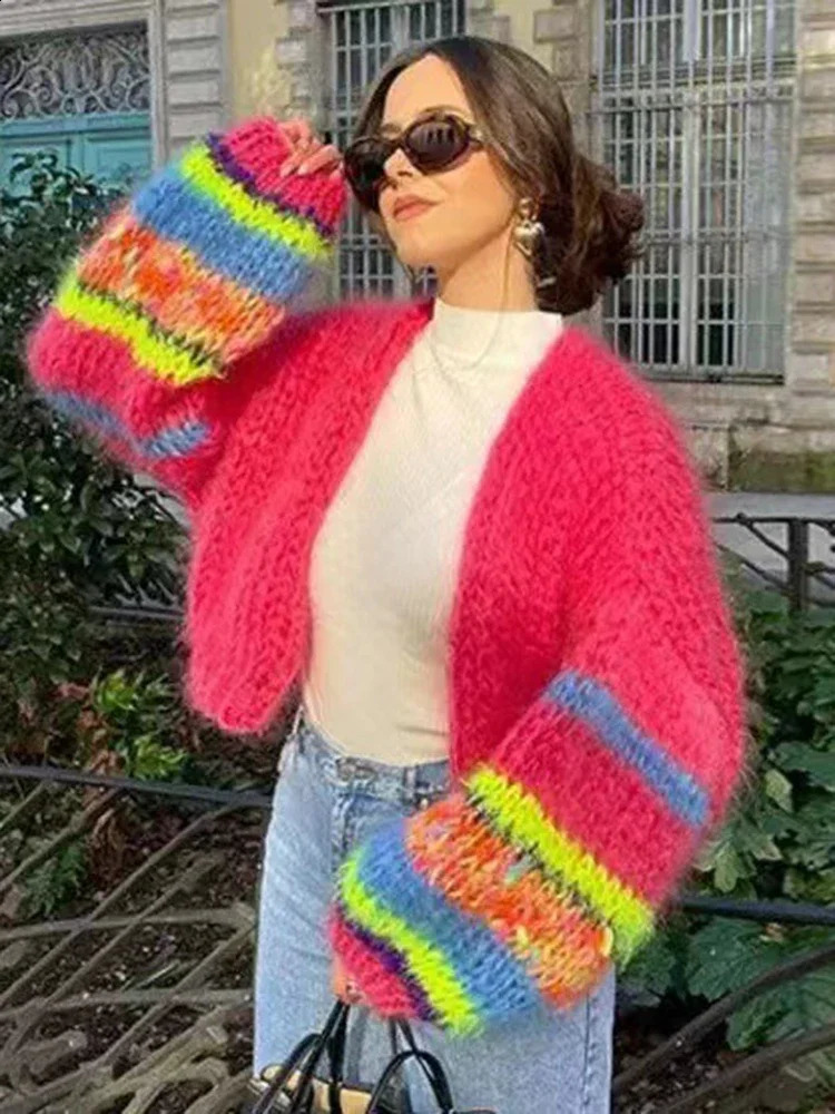 OIINAA Knitted Cardigan for Women Sweater Striped Rainbow Long Sleeve Open Stitch Cardigans Autumn Winter Fashion Outerwears 250117