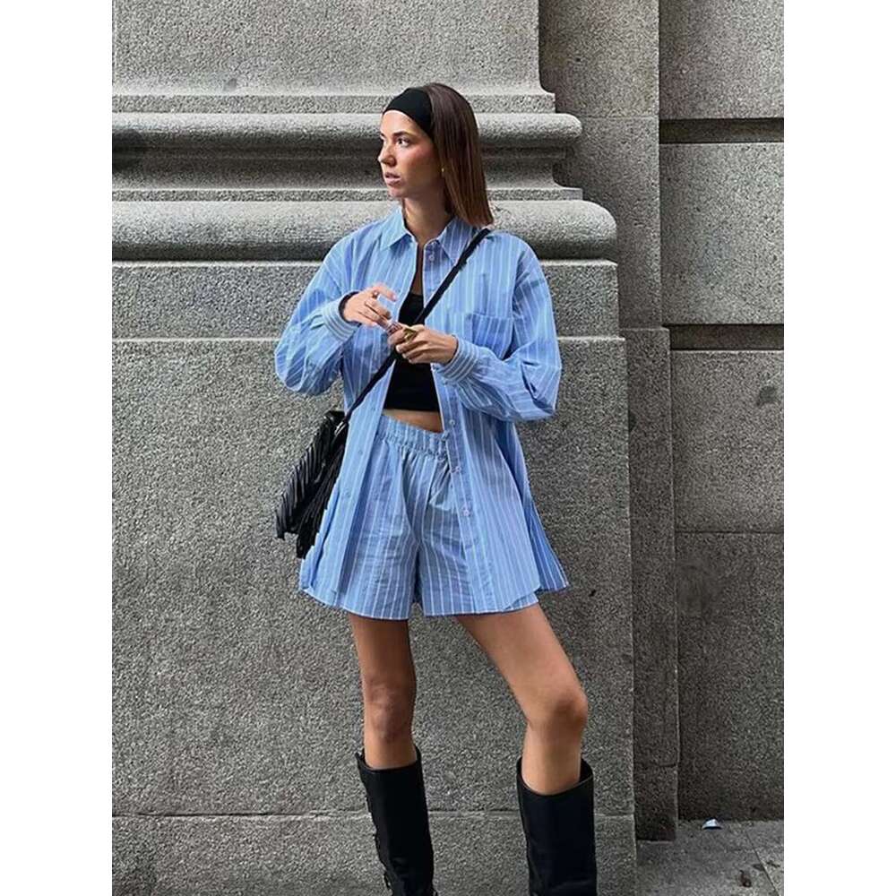 Blue Pocket Striped Shorts Sets Women Single Breasted Long Sleeve Blouse+Elastic Waist Casual Short Pant 2 Piece Set 2025 Spring