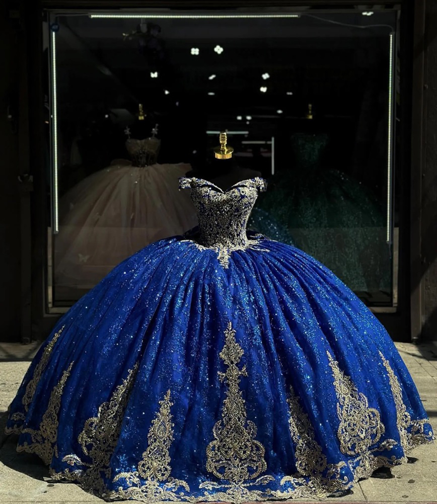 Royal blue quinceanera dresses prom ball gown off shoulder glitter sequins vestido de quinceanera gold appliqued 15 Masquerade Dress