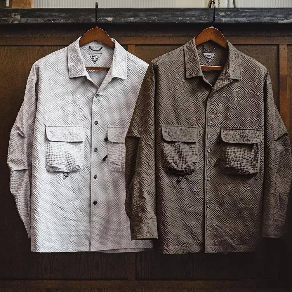 Maden Outdoor Cuban Collar Seersucker Long-Sleeved No-Iron Anti-Wrinkle With Pocket Design Thin Solid Color Shirt For Men