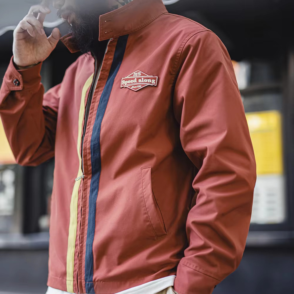Maden New Retro 60'S Contrasting Racing Jacket Stand-Up Collar Sporty And Casual Zippered Outerwear For Men's Versatile Jackets