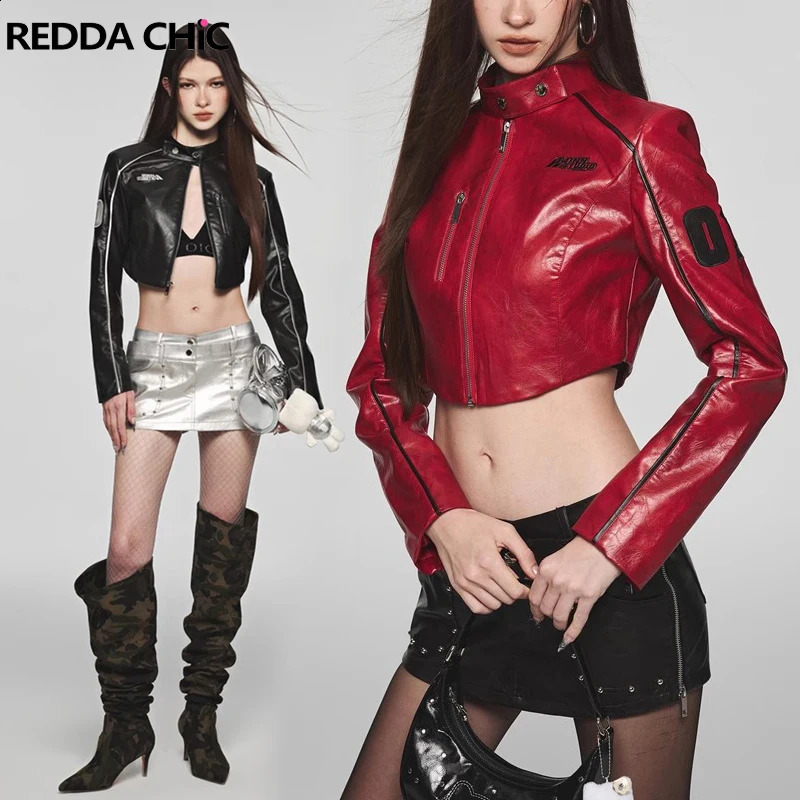 REDDACHiC Leather Bomber Jacket Womens Cropped Coat Patchwork Vintage Y2k Windbreaker Casual Autumn Long Sleeves Statue Outer 250118