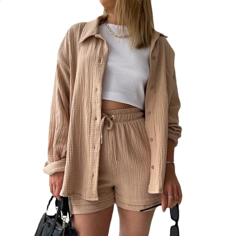 Womens summer two-piece lapel pleated casual long-sleeved shirt high-waist drawstring shorts suit for women 250113