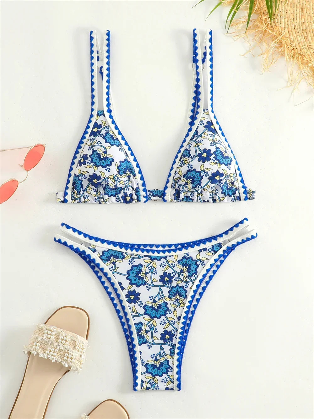 Trend Print Bikini Bordered Straps Swimsuit Thong Push Up Y2K Boho Swimwear Kawaii Women Two Piece Brazil BeachWear Bathing Suit 250118