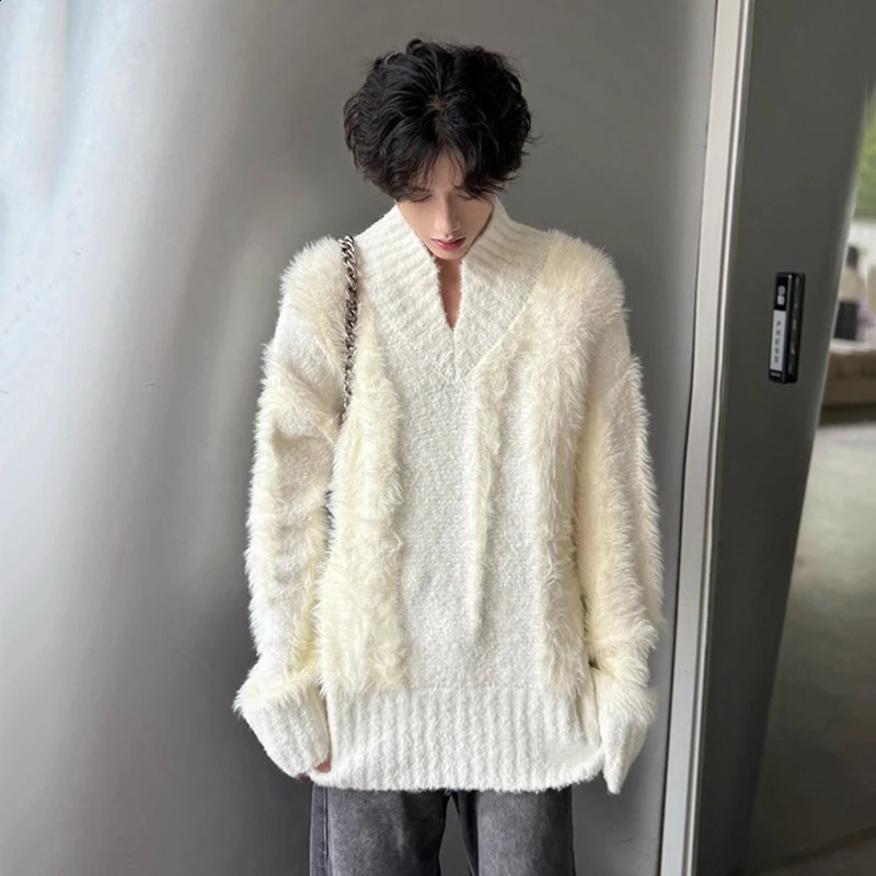IEFB Niche n Mens Sweaters Vneck Patchwork Contrast Color Loose Pullovers Winter Trendy Male Knitting Top Chic 9C8395 250121
