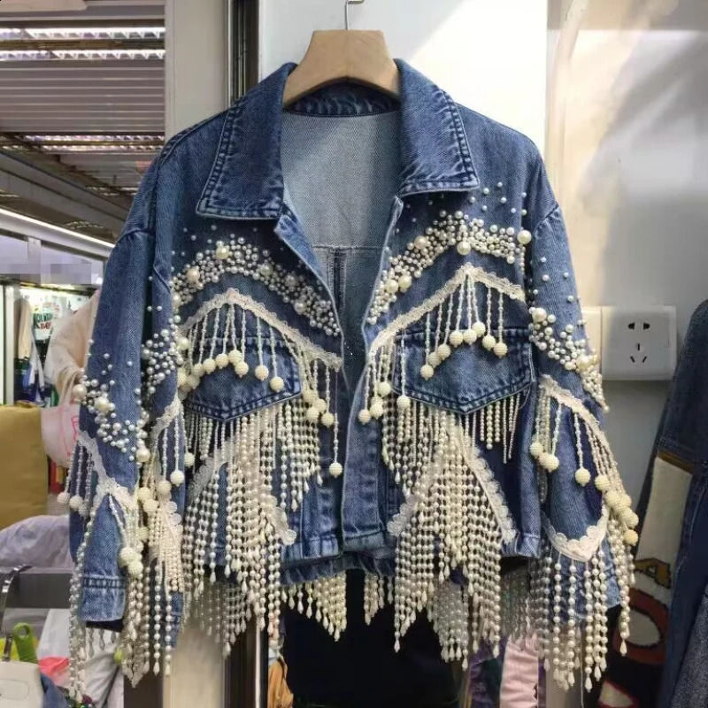 Woman Pearls Beaded Tassels Denim Jacket Pearls Fringed Holes Jeans Coat Beading Cow Streetwear Tuin Down Collar Tops 250121