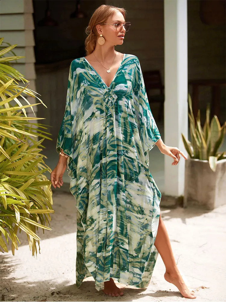 2023 Plant Print V Neck Side Split Beach Dress Sexy Swimsuit Bikini Coverups Summer Women Loose Casual Beachwear Cover Up Q1297 250122